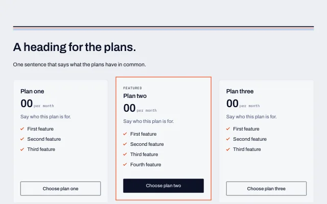 Preview of the Pricing columns section template
