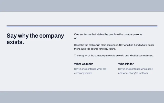 Preview of the Why the company exists section template
