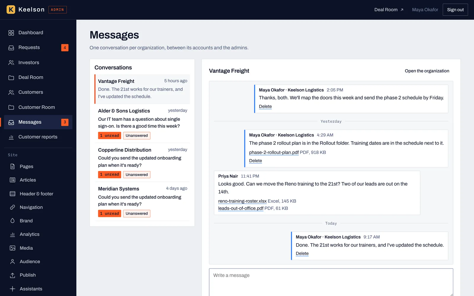Admin view of customer conversations with unread and unanswered labels and an open thread about a rollout schedule