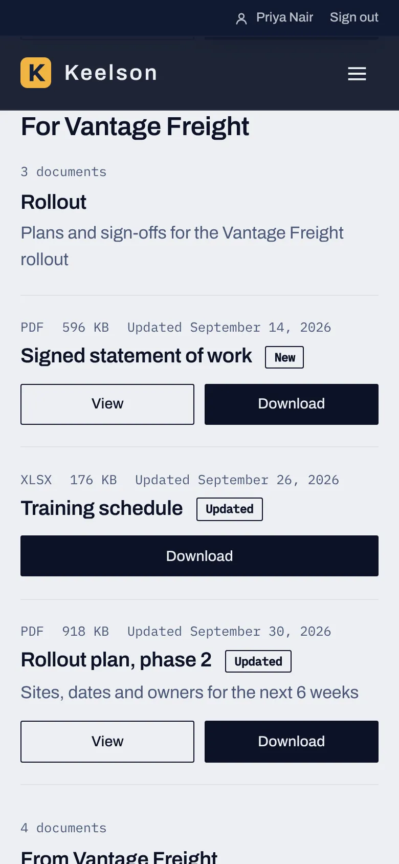 Customer Room documents on a phone, with a Rollout folder holding a signed statement of work, a training schedule and a rollout plan, each with View and Download buttons