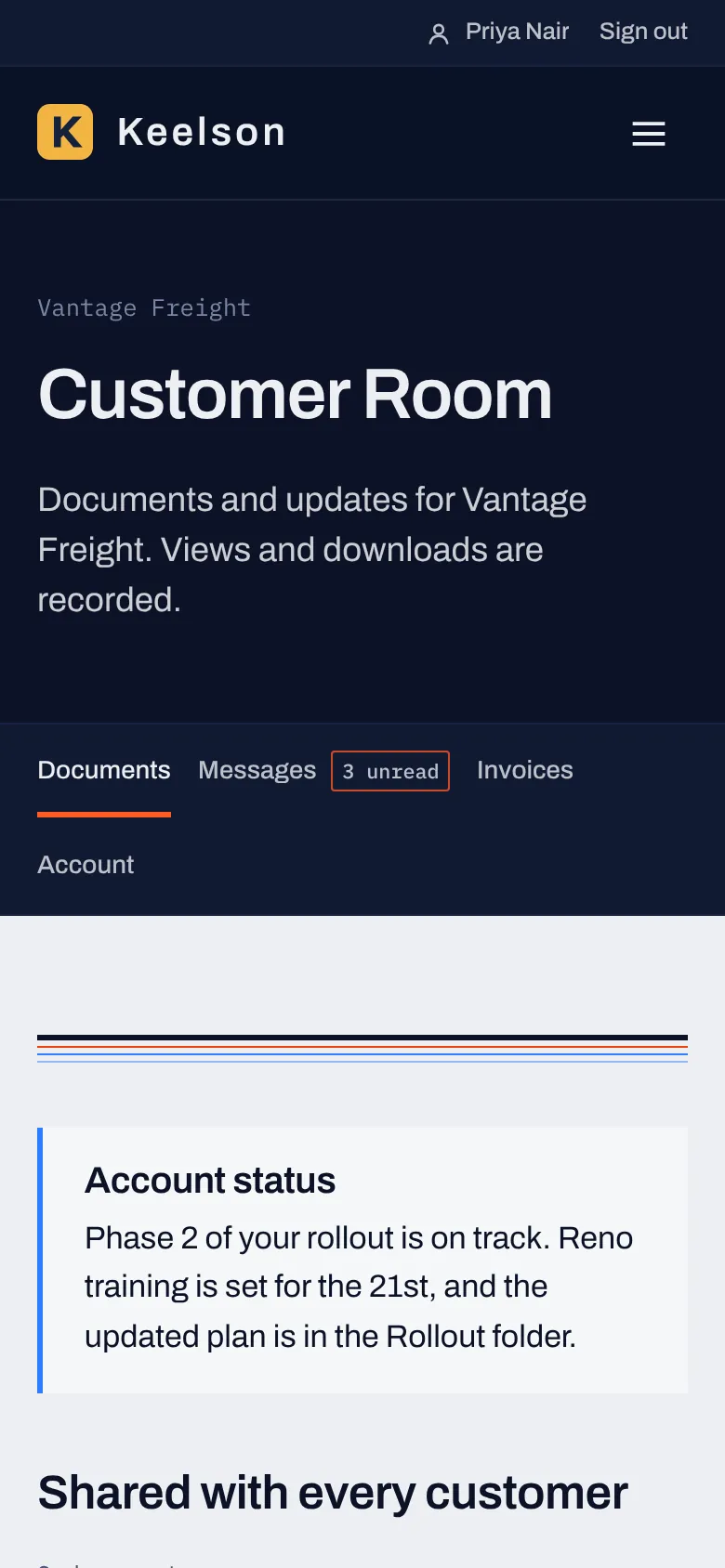 A customer's Customer Room home on a phone, with Documents, Messages, Invoices and Account tabs and an account status note from your team