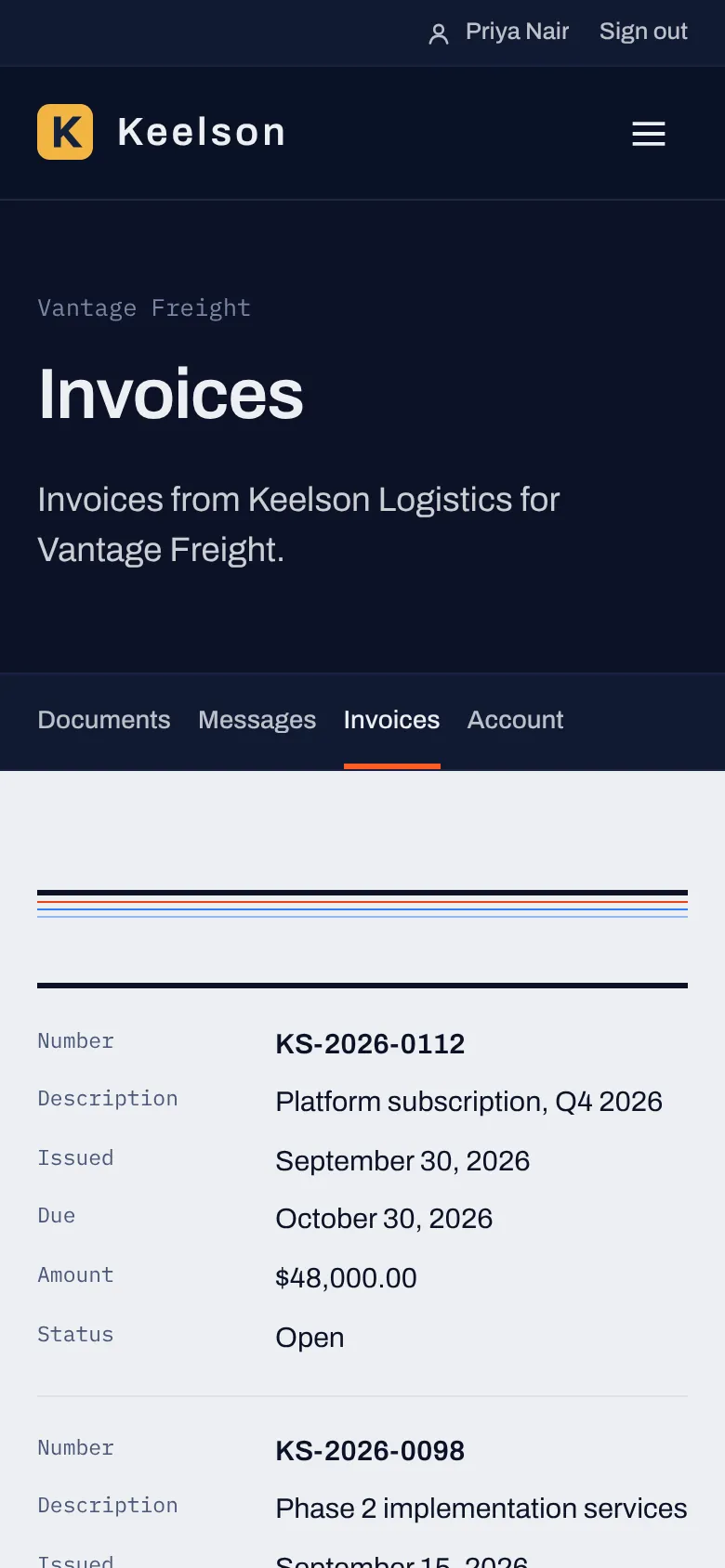 The Customer Room invoice list on a phone, showing invoice number, description, issue and due dates, amount and status