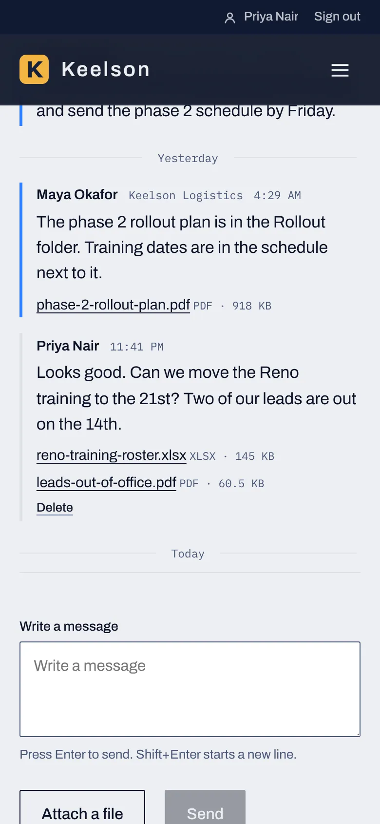 A message thread on a phone between a customer and your team, with attached files and a box to write a reply