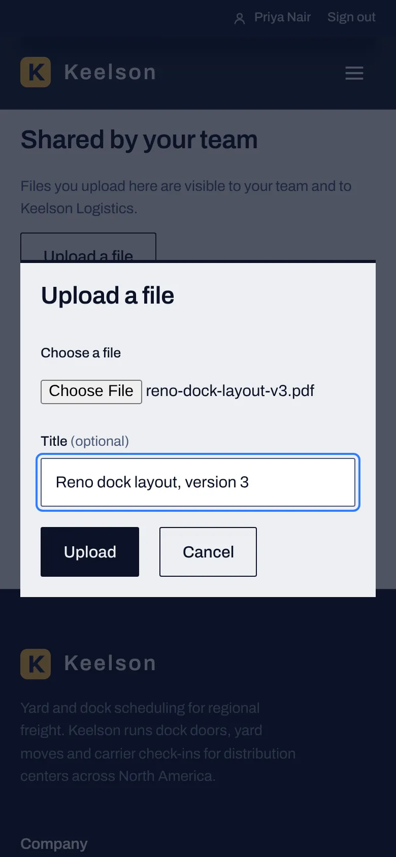 The Upload a file dialog in the Customer Room on a phone, with a chosen PDF and an optional title