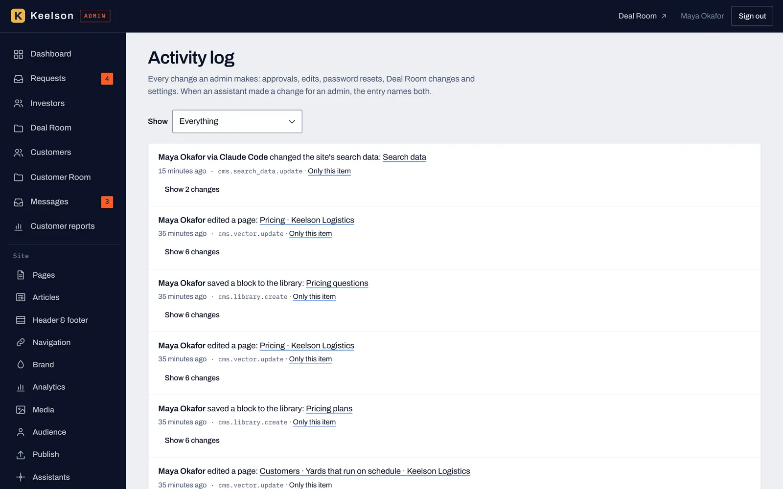 The activity log listing changes made by the admin through Claude Code next to the admin's own edits