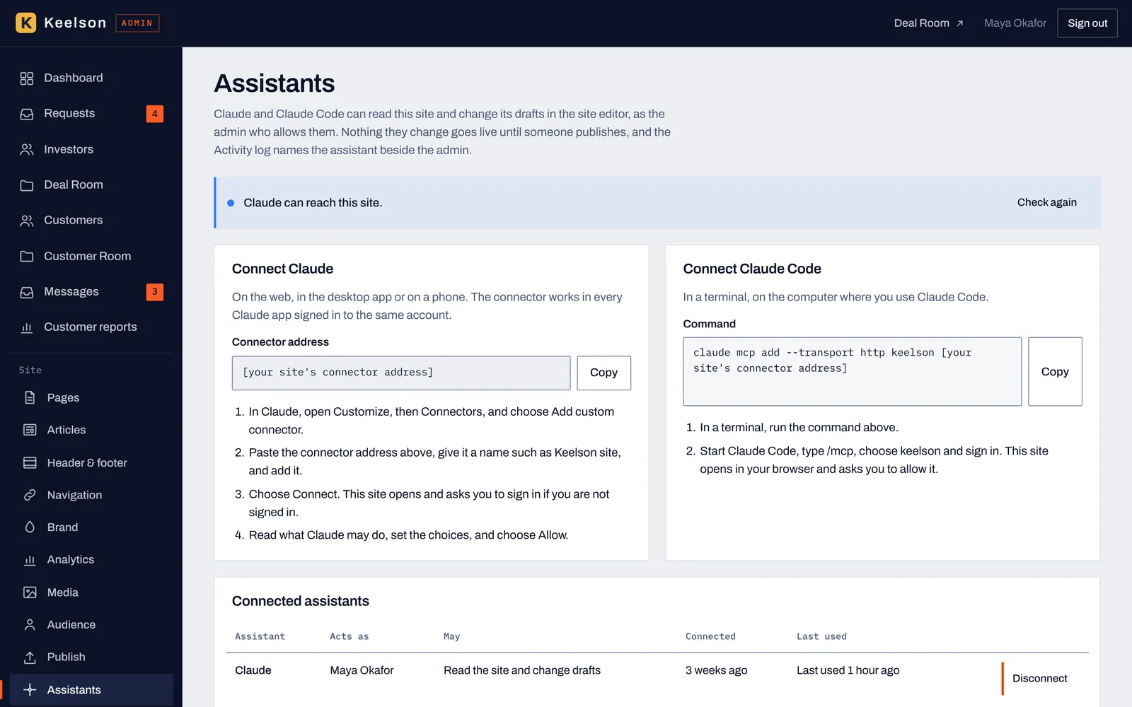 The Assistants screen with setup steps for Claude and Claude Code and a table of connected assistants showing what each may do