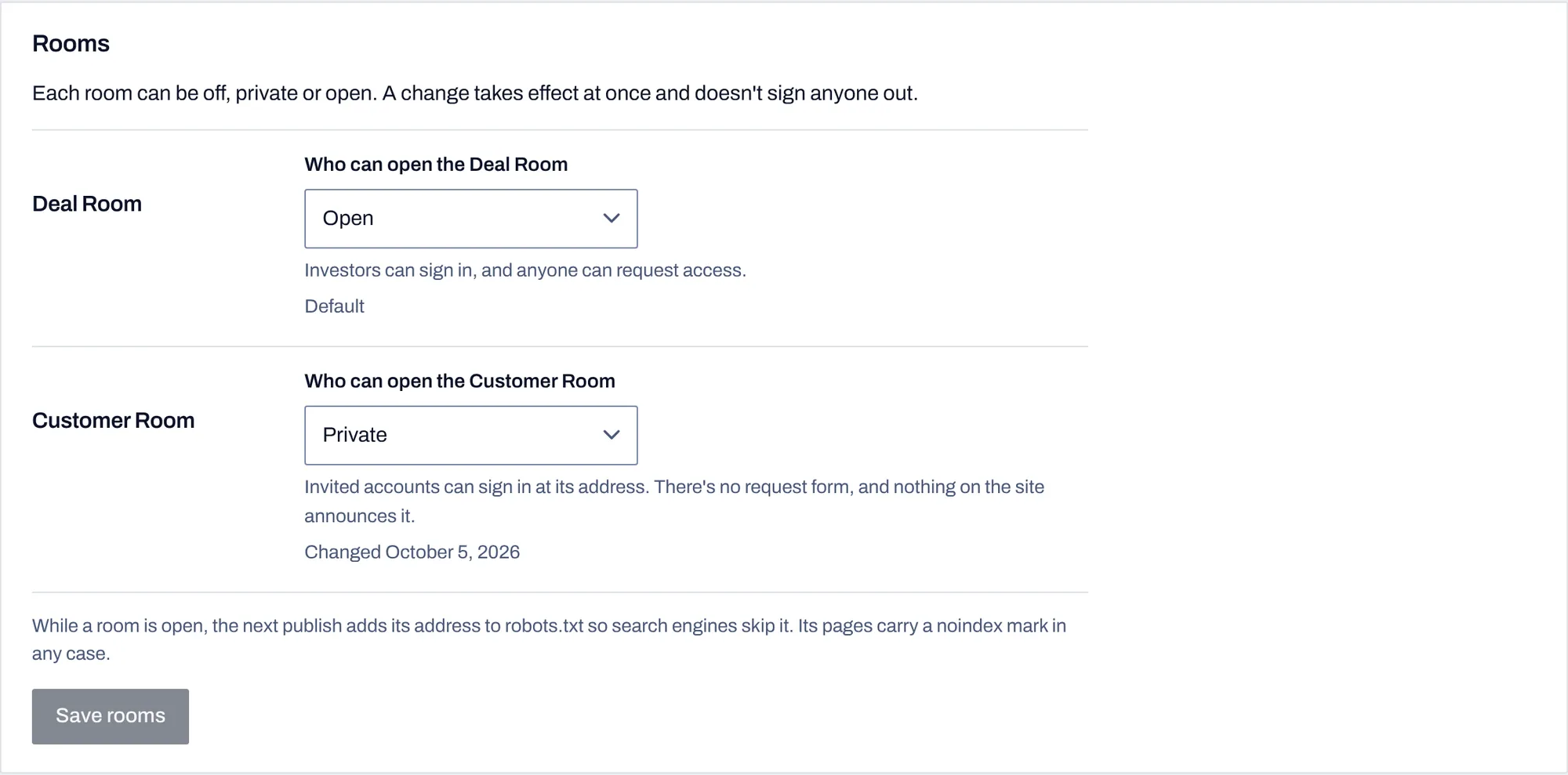 The Rooms settings where the Deal Room is set to open and the Customer Room to private, with a note that open rooms are added to robots.txt and carry noindex