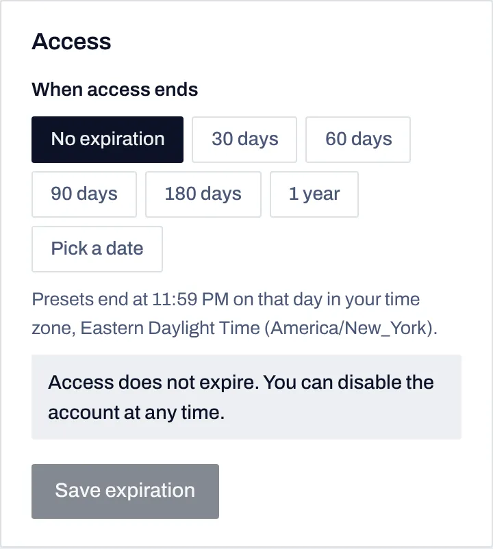 Access settings for one investor with end-date choices of no expiration, 30, 60, 90 or 180 days, one year, or a chosen date