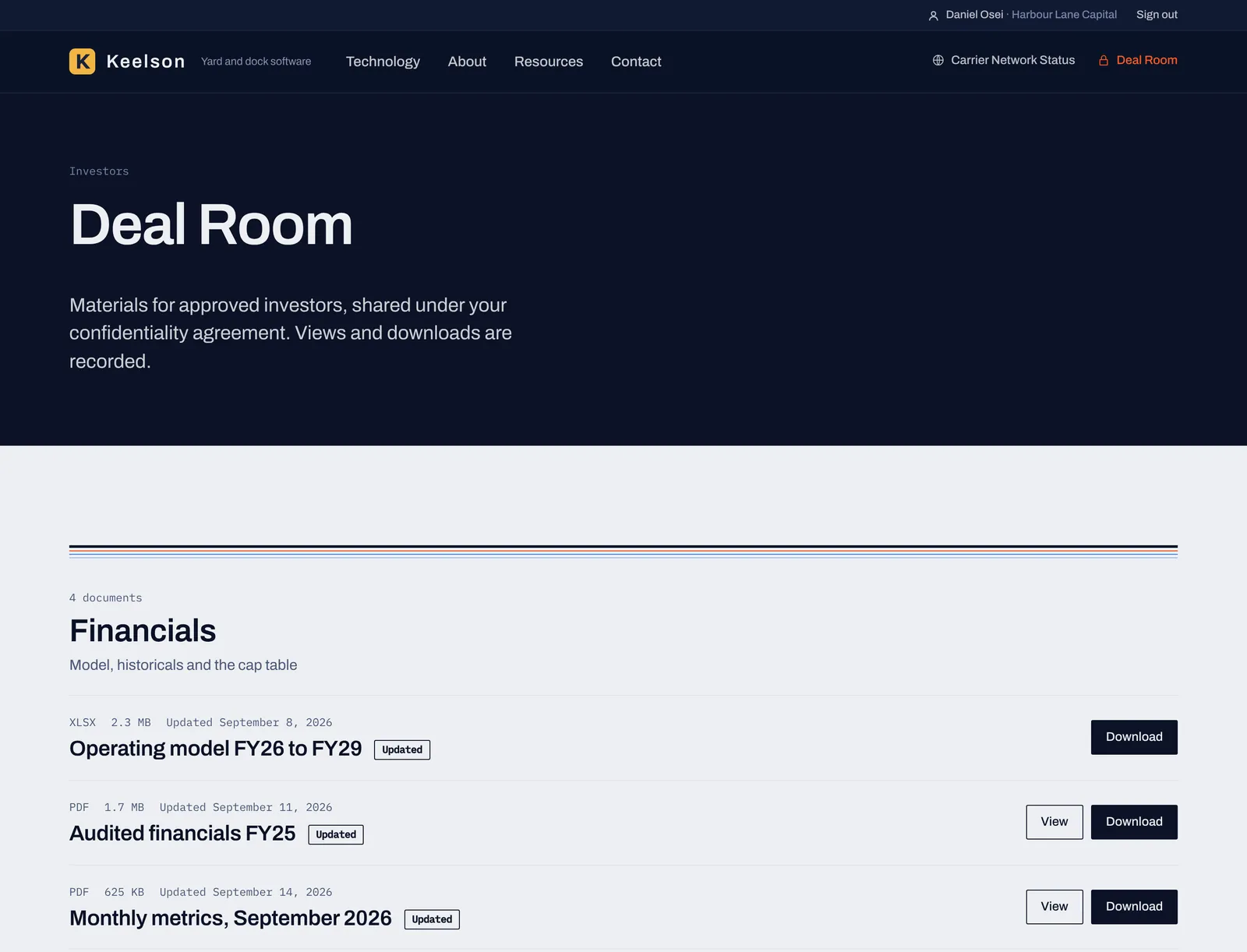 What an approved investor sees: the Deal Room page of the sample company with the Financials folder, file sizes, update labels and Download buttons