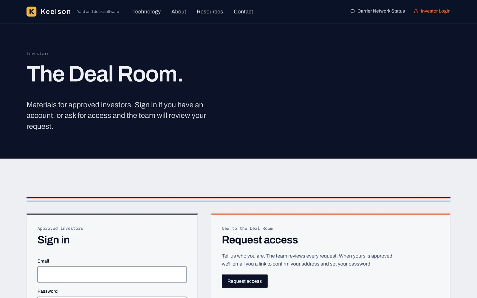 The investor sign-in page for the Deal Room, with a Sign in form for approved investors and a Request access form for new ones