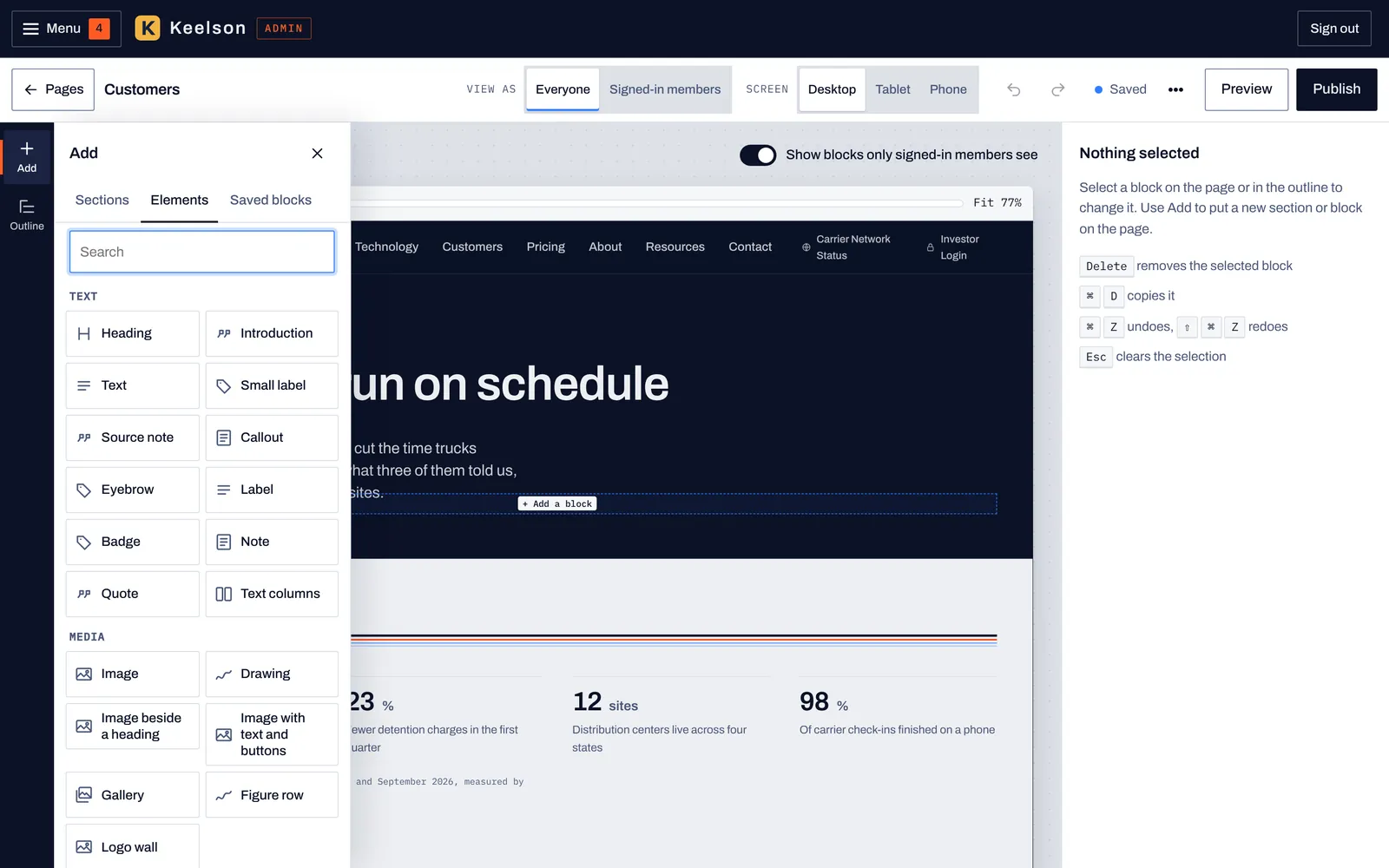 The page editor with the Add panel open on Elements, listing text and media elements such as Heading, Text, Callout, Image and Gallery