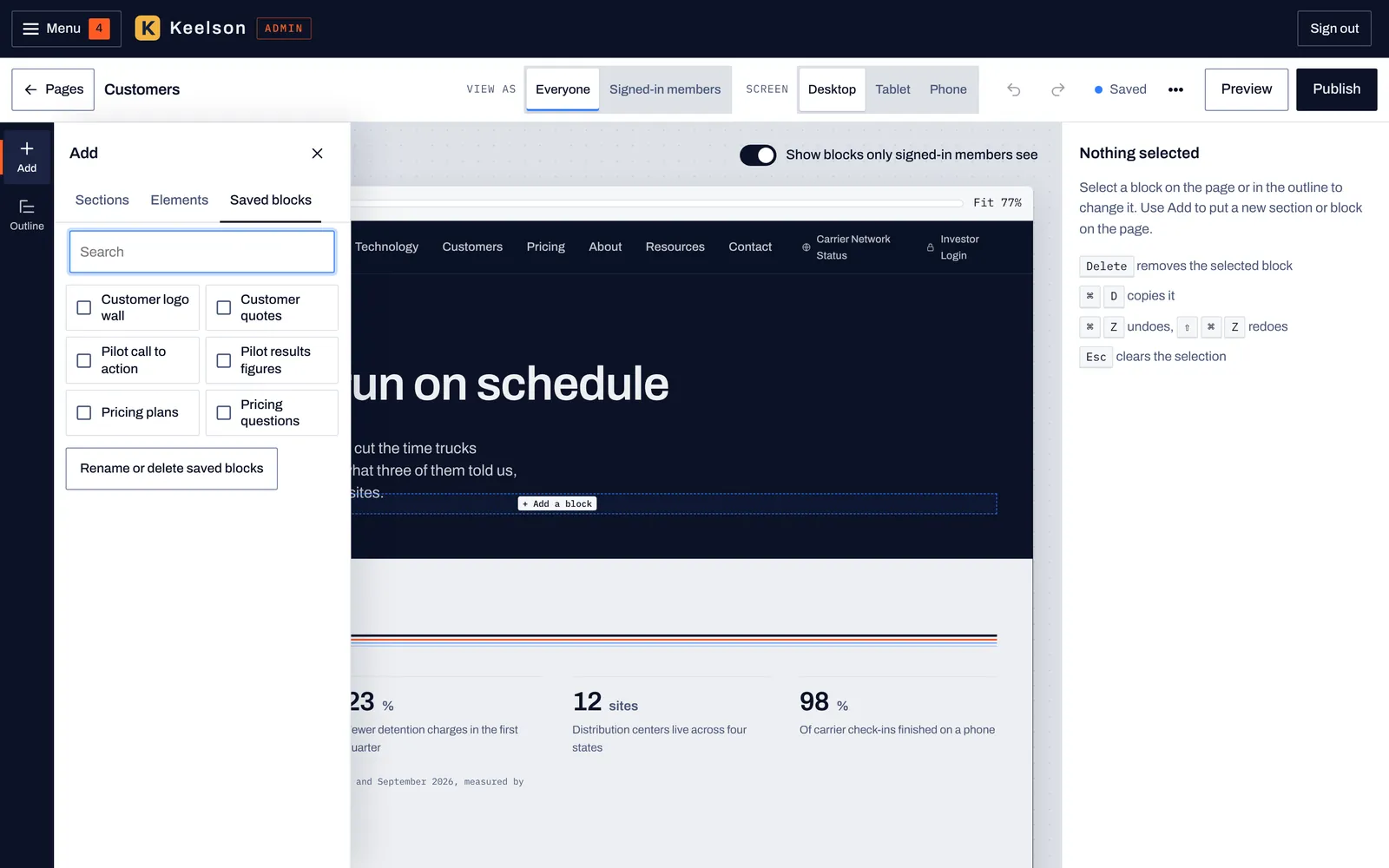 The Add panel open on Saved blocks, listing reusable blocks such as Customer logo wall, Pricing plans and Pilot results figures