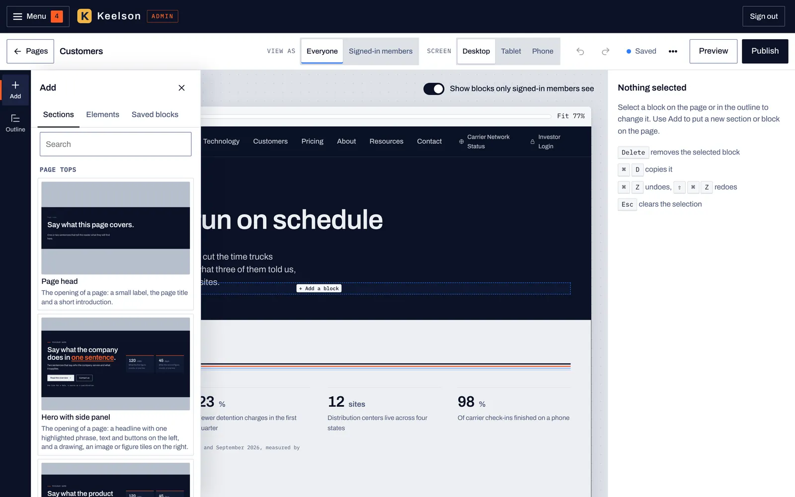 The page editor with the Add panel open on Sections, listing page tops such as Page head and Hero with side panel, each with a preview thumbnail