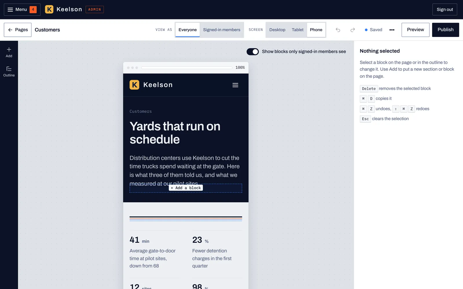 The page editor previewing a page at phone width, with Everyone and Signed-in members view switches and Desktop, Tablet and Phone screen sizes