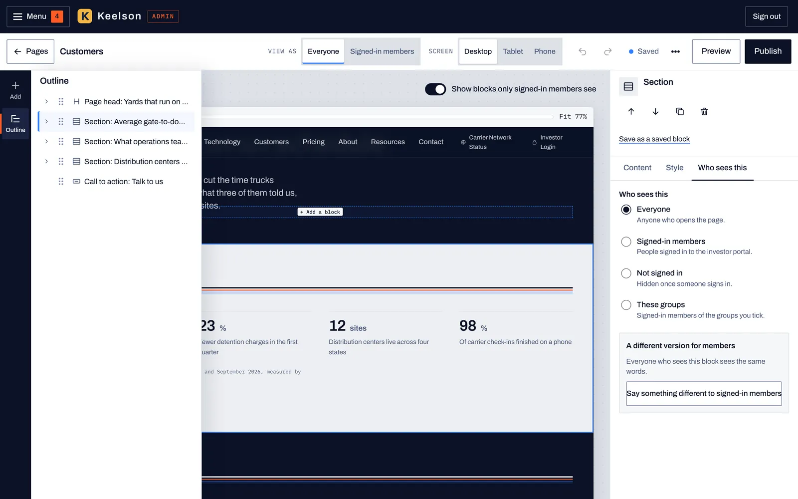 The Who sees this tab for a section, with choices for everyone, signed-in members, people who aren't signed in or chosen groups, and an option to write a different version for members