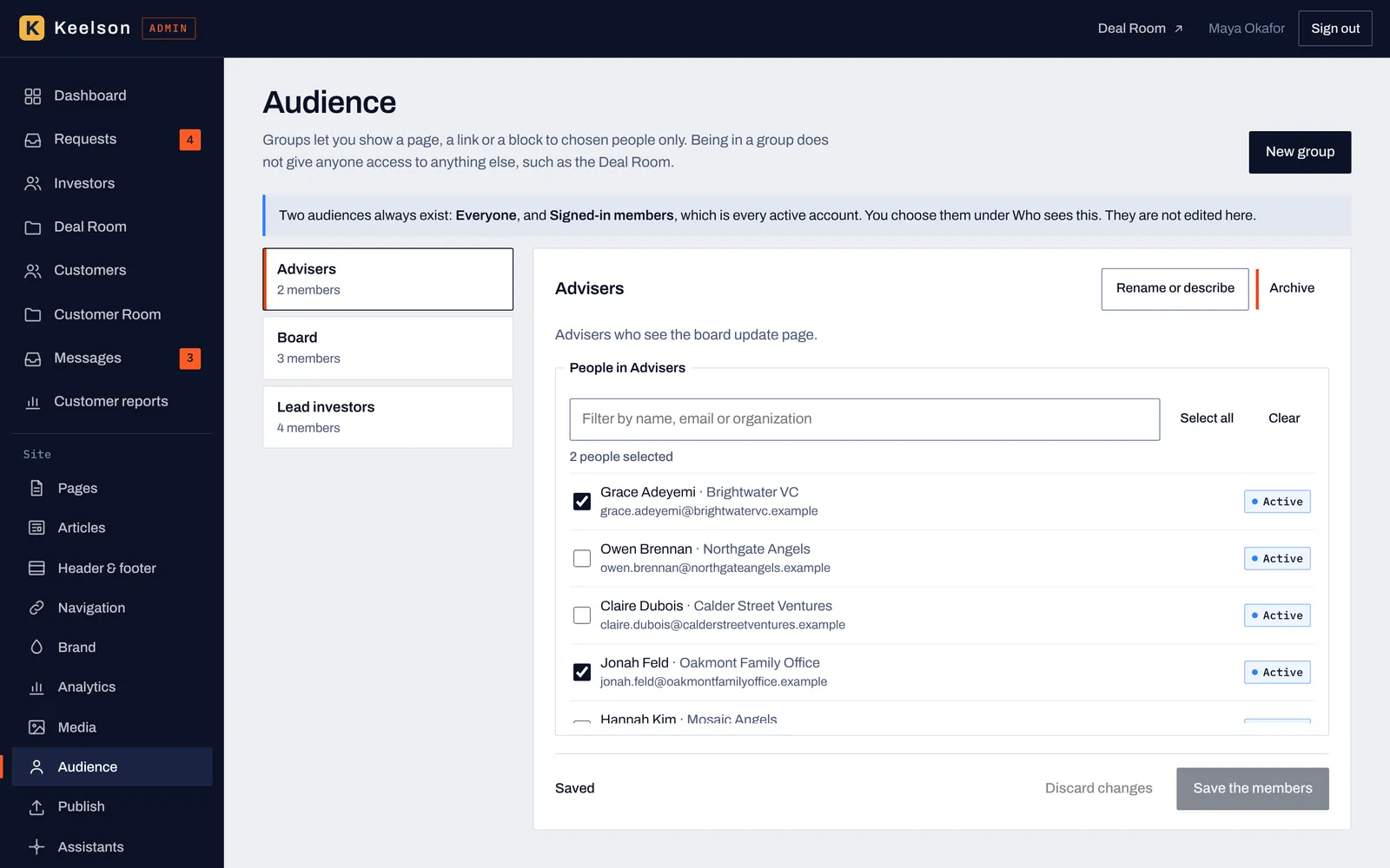 The Audience screen with groups such as Advisers, Board and Lead investors and a member picker for the selected group