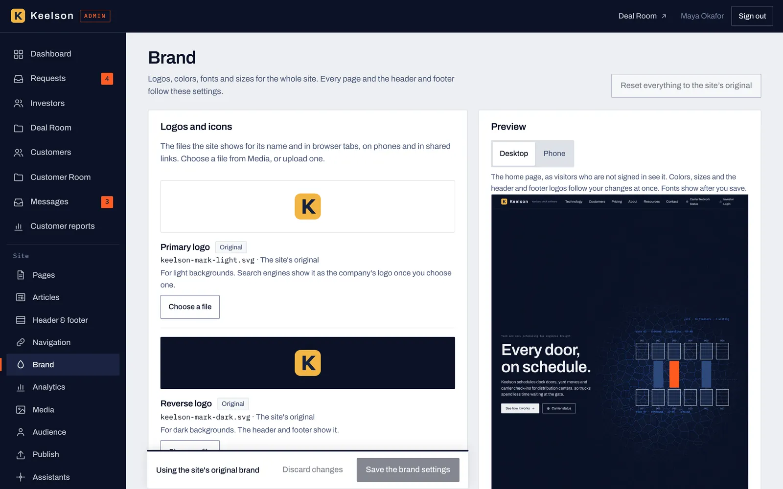 The Brand screen with primary and reverse logo settings beside a live preview of the home page