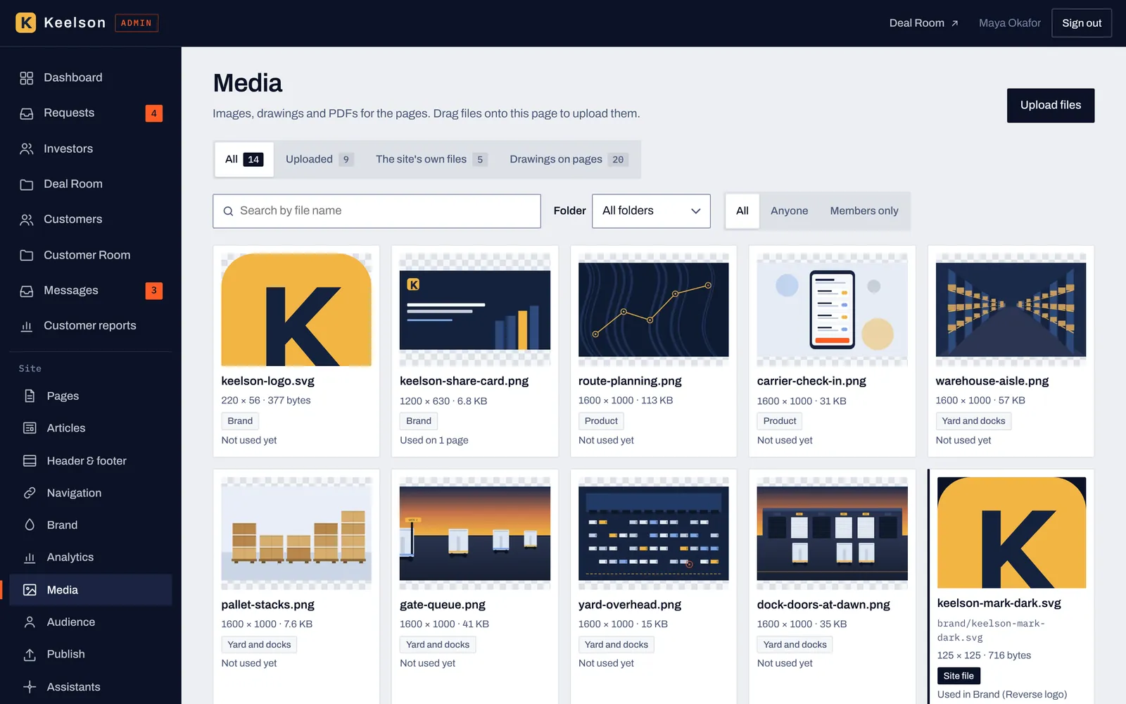 The media library with images, drawings and PDFs, filters for uploaded files and drawings, and a note on where each file is used