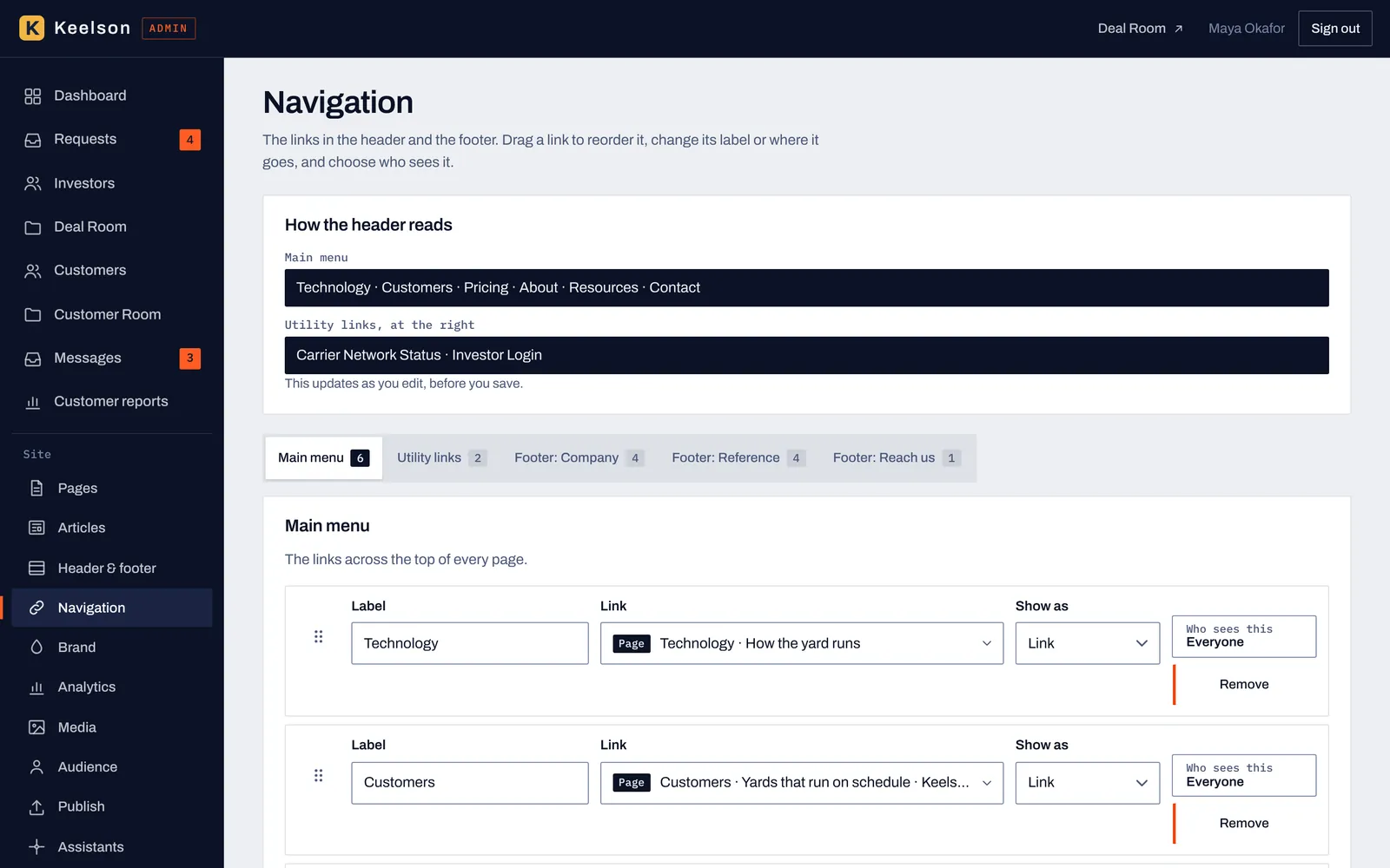 The Navigation screen with a main menu, utility links and three footer lists, each link with a label, a destination and who sees it