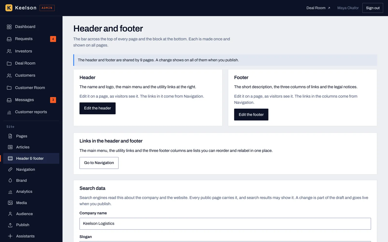 The Header and footer screen, with the header, the footer and the Search data card for company name, slogan and descriptions