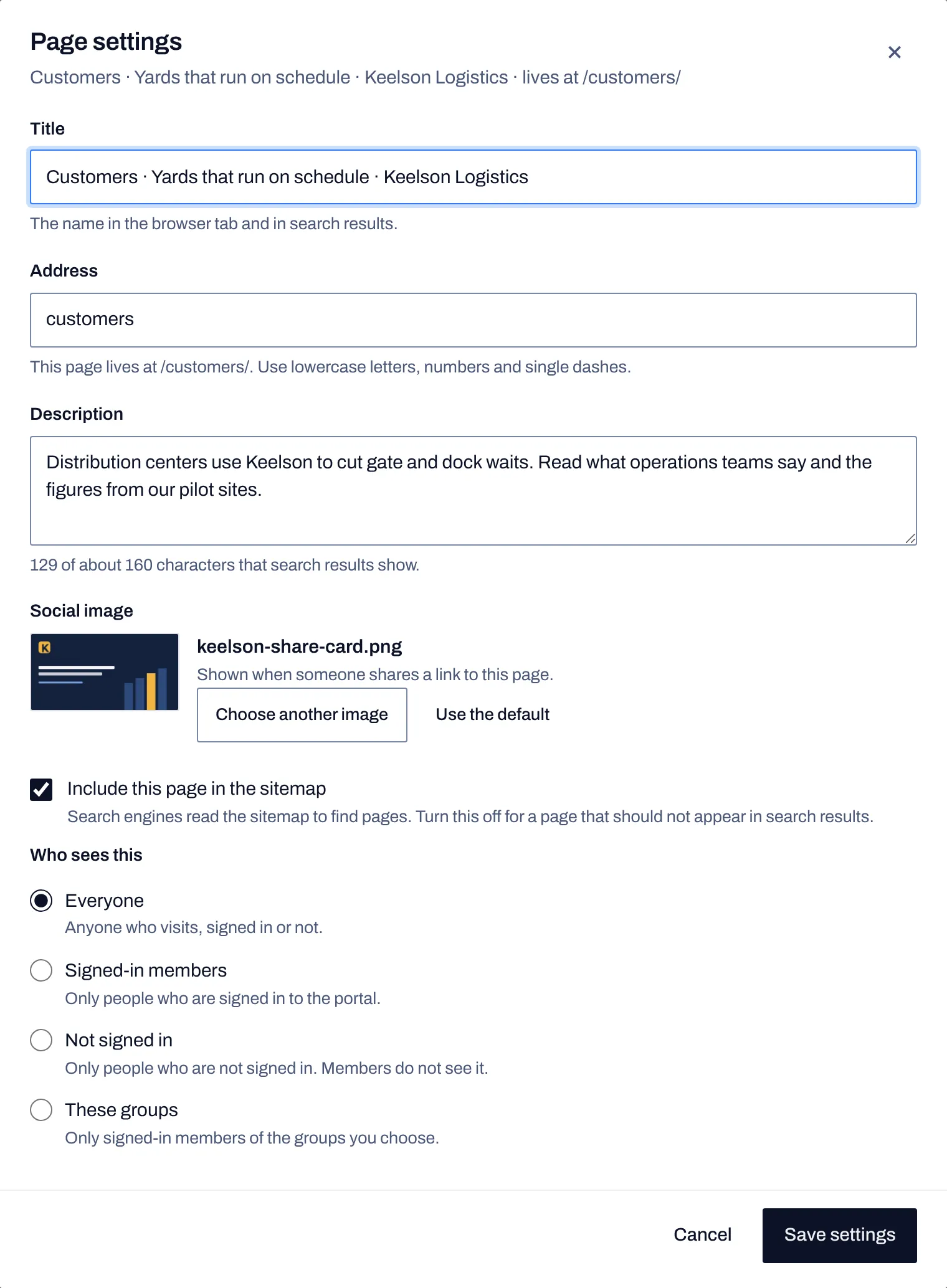 Page settings for one page with title, address, a description with a character count, a social image, a sitemap switch and who sees the page